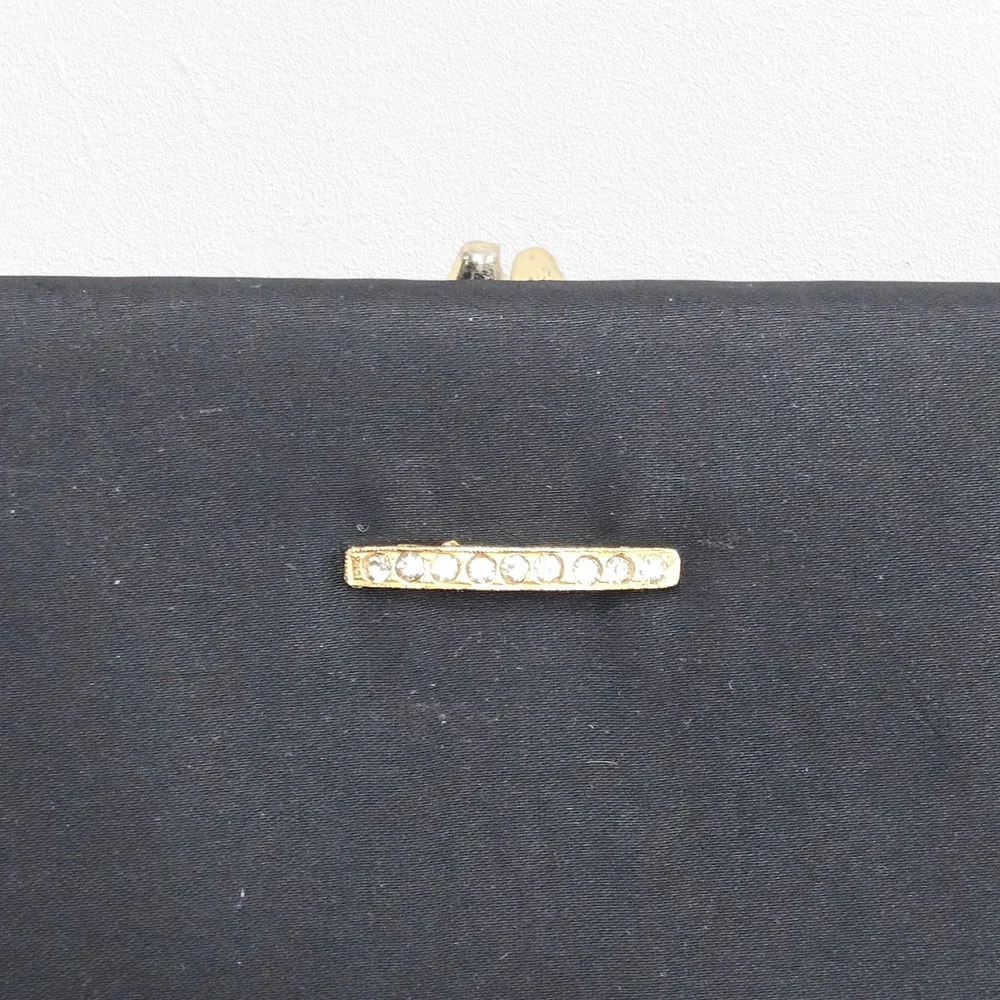 Vintage Matte Black Satin Kiss Lock Clutch Rhinestone Bar USA Evening Formal Bag